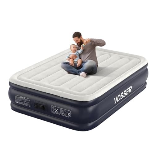 VOSSER Air Mattress Full with Built in Pump,18''Inflatable Mattress of Upgraded Vertical Beams,Self Inflatable/Deflation Blow Up Mattress in 3 Mins,Flocked Top Airbed with Carry Bag for Home, Camping