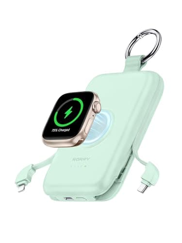 RORRY Portable Charger, 10000mAh PD 20W Fast Charging Portable Charger Power Bank with Built in Cables, Travel Battery Pack for iPhone 17/16/15/14/13/12 and Apple Watch Ultra/11/10/9/8/7/6/5, Green