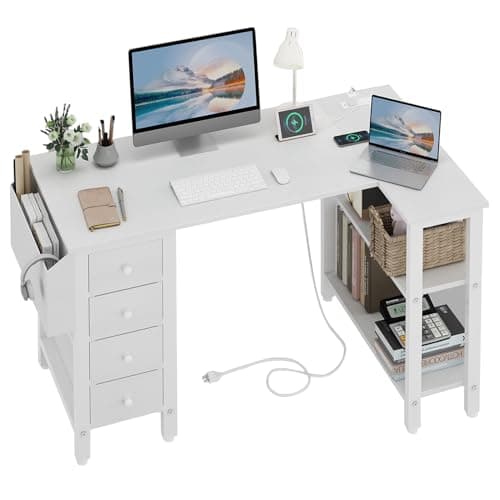 Lufeiya White L Shaped Computer Desk with Drawers & Storage Shelves, 47 Inch Corner Reversible Desk with Power Outlet for Home Office Bedroom, L-Shaped Teen PC Desks with Fabric Drawer, White