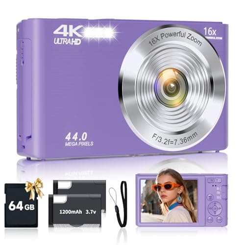 Digital Camera for Teens, FHD 4K 44MP Digital Camera Purple with 64GB SD Card 16X Digital Zoom, Cameras for Photography Compact Point and Shoot Camera for Teen Boys Girls Kids Autofocus Camera Digital