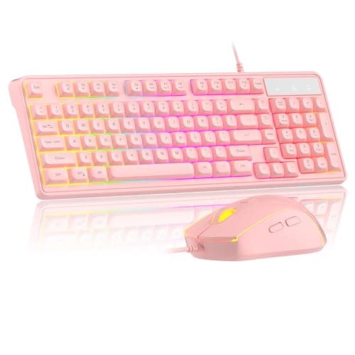 Pink Creamy Keyboard and Mouse Combo,MageGee GK980 Wired RGB Backlit Keyboard and Pink Gaming Mouse Combo,PC Keyboard and Adjustable Sensitivity Mouse for PC/loptop/MAC