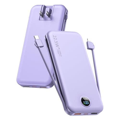 Portable Charger, 12000mAh 22.5W USB C Fast Charging Power Bank with Built-in Cables and AC Wall Plug, Smart LED Display Travel Essentials Battery Pack Compatible with iPhone, iPad, Samsung etc Purple
