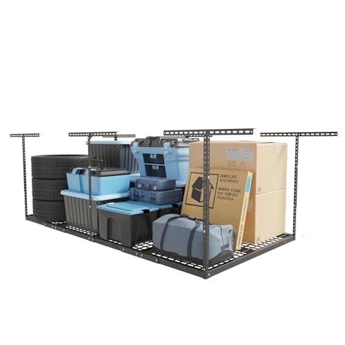 FLEXIMOUNTS 4x8 Overhead Garage Storage Rack, Adjustable Organization System, Heavy-Duty Metal Ceiling Racks, 750lbs Weight Capacity, Hammertone, Classic Series