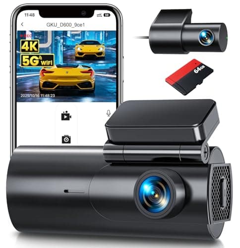 GKU Dash Cam Front and Rear Camera – 4K+1080P Dual Dash Camera for Cars with 64GB SD Card, 5GHz WiFi & App Control, Night Vision, Parking Mode, G-Sensor, Loop Recording, WDR, 170° Wide Angle