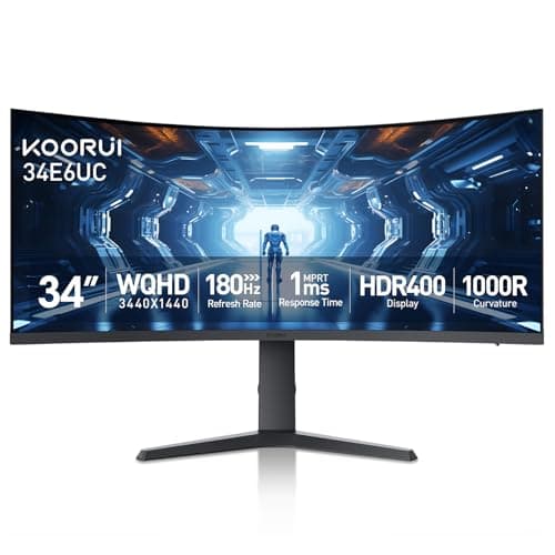 KOORUI 34-inch Curved Ultrawide WQHD 3440×1440 Gaming Monitor, 180Hz 1000R- PIP/PBP, 1ms(MPRT), HDR400, DCI-P3 95%, FreeSync Premium, 1 x DP 1.4 & 2 x HDMI 2.0, Tilt Height Swivel Adjustment, 34E6UC