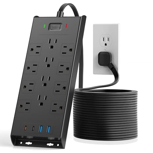 Surge Protector Power Strip 4800J, LeZone 10Ft Long Extension Cord Flat Plug, 12 Outlets 2 USB C 2 USB Ports, Wall Mountable, 20W Desk Charging Station, Black