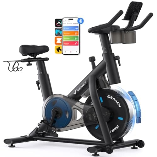 Merach Exercise Bike, Brake Pad/Magnetic Stationary Bike with Exclusive App, Low Noise Indoor Cycling Bike with 270LBS Weight Capacity, Dumbbell Rack and Fitness Courses for Weight Loss