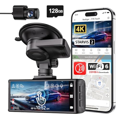 REDTIGER 4K STARVIS 2 Dash Cam Front and Rear, 5GHz WiFi 20MB/s Download, 128GB Card Included, Voice Control, Dash Camera for Cars with 3.18" Touch Screen, GPS, Loop Recording, Parking Mode(F7N Touch)