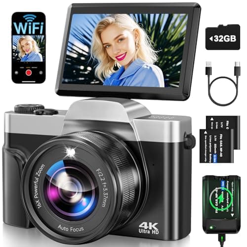 4K Digital Camera for Photography with WiFi 64MP Auto-Focus Vlogging Camera for YouTube Video 3'' 180° Flip Screen 4K Cameras 16X Zoom Anti-Shake Compact Point and Shoot Cameras with SD Card