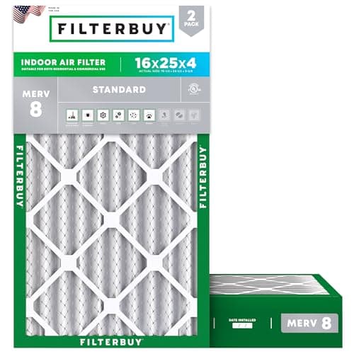 Filterbuy 16x25x4 Air Filter MERV 8 Essential Dust & Allergy Defense (2-Pack), Electrostatic Pleated HVAC AC Furnace Filters Replacement, Made in USA (Actual Size: 15.50 x 24.50 x 3.63)
