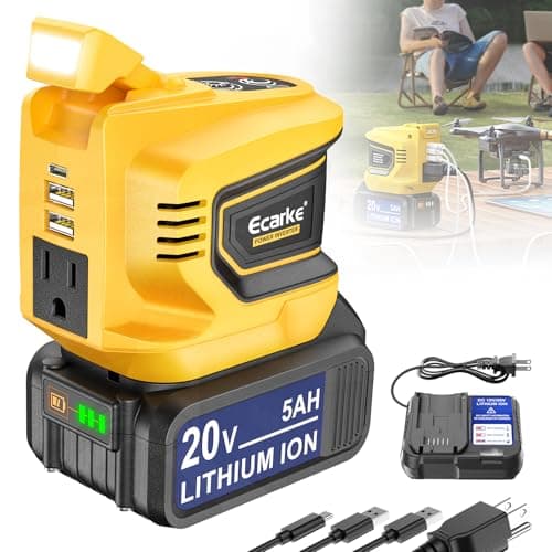 Power Inverter 200W Portable Power Station Generator Compatible with DeWALT, Ecarke Real 200W Supply Charger Adapter with Dual USB,AC Outlet and Type-C with 5Ah Battery & Charger Station Kit