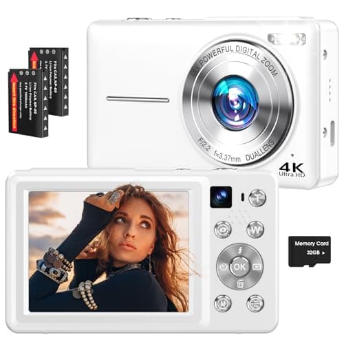 4K Digital Camera, 64MP Autofocus Vlogging Camera with Dual Lens, 16X Digital Zoom YouTube Compact Travel Point Shoot Camera for Teens Beginner, Anti-Shake,2 Batteries, 32GB Card (White)