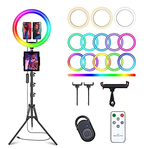13" Selfie Ring Light with 76" Tripod Stand & 3 Phone Holder, LED Camera Ringlight with 48 RGB Colors Modes & Musical Rhythm Mode and 12 Brightness Dimmable for Makeup/Photography/Videos/Vlog/TikTok