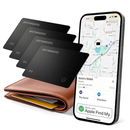 SPOTMINDERS Apple MFI Certified Wallet Tracking Card Black 4-Pack - Works with Apple Find My Rechargeable Tracker IP68 Waterproof 0.07in Slim iPhone Item Finder Smartcard for Luggage Tags Purse Keys
