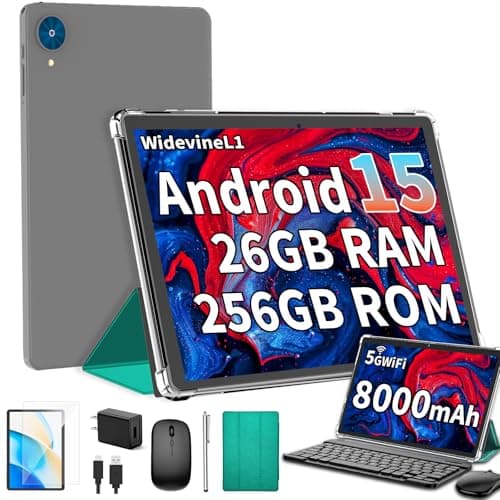 YLEEBG Android 15 Tablet with Keyboard, 26GB+256GB(2TB Expand), 10.1 Inch Tablet 8000 mAh Battery, BT 5.0, 5G WiFi, Widevine L1, Dual Camera, 2 in 1 Tab with Mouse, Case, Stylus(Green Case)