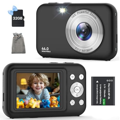 Digital Camera, Kids Camera with 32GB Card, FHD 1080P 44MP Vlogging Camera, 16X Zoom Point and Shoot Digital Camera Compact Portable Rechargeable Cameras for Teens Boys Girls Students Seniors-Black