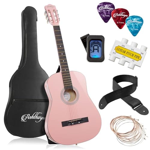 Ashthorpe 38-inch Beginner Acoustic Guitar Package (Pink), Basic Starter Kit w/Gig Bag, Strings, Strap, Tuner, Picks
