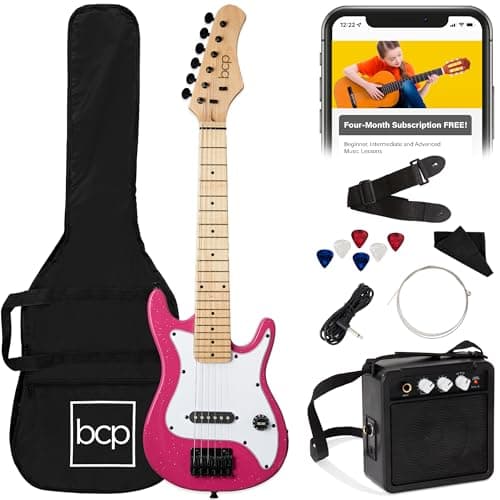 Best Choice Products 30in Kids Electric Guitar Beginner Starter Kit w/ 5W Amplifier, Strap, Gig Bag, Strings, Picks - Pink Sparkle