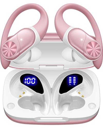 PocBuds Bluetooth Headphones Wireless Earbuds 80hrs Playtime Wireless Charging Case Digital Display Sport Ear Buds with Earhook Deep Bass IPX7 Waterproof Over-Ear Earphones for Phone Laptop Rose Gold