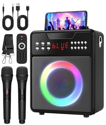 Karaoke Machine for Adults, Portable Bluetooth Speaker with 2 Wireless Microphones and Lights Show, Karaoke Speaker with Bass & Treble, Supports for TWS,USB,FM,REC,AUX in,TF Card for Party/Meeting