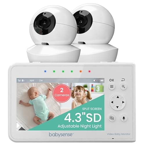 Babysense Baby Monitor with 2 Cameras and Audio 4.3", Non Wifi Baby Monitor, Dual Split Screen, Portable Double Sleep Video Monitoring, Auto Night Vision & Light, Lullabies & White Noise Two-Way Audio