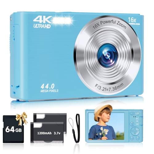 SMARTKLIK Digital Camera for Teens, FHD 4K 44MP with 64GB SD Card, 16X Digital Zoom, Compact Point Shoot Camera Blue