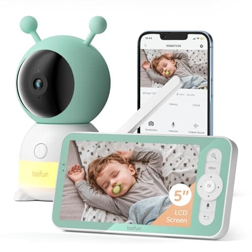 BOIFUN 2K WiFi Baby Monitor with Camera and Audio,Smartphone APP, Colorful Night Light, Smart AI Motion & Sound & Humidity & Temperature Detection, Auto Tracking,5-Inch Monitor Control, Night Vision