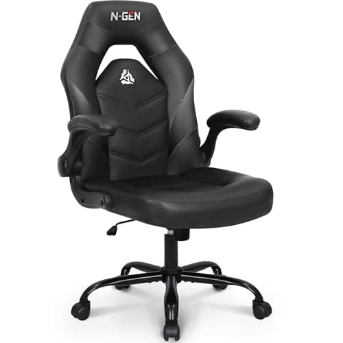 N-GEN Video Gaming Chair Ergonomic Computer Desk Office Chair with Lumbar Support Adjustable Height Swivel Wheels Flip-Up Arms PU Leather Home and Office (Black)