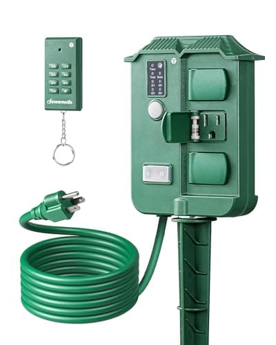 DEWENWILS Outdoor Power Stake Timer Waterproof, 6 Grounded Outlets, 6FT Extension Cord, 100FT Wireless Remote Control, Photocell Dusk to Dawn Timer for Christmas Lights, Garden, UL Listed