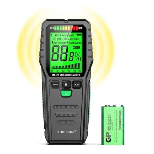 RDINSCOS Pinless Moisture Meter for Leak Detection, Water Damage Detector for Wood, Drywall, Concrete & Building Materials – Easy Calibration, Data Hold, and Flashlight – Moisture Tester for Basement