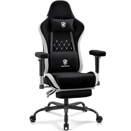 Morkprism Gaming Chair Breathable Fabric,Computer Office Chair with Footrest,Massage Lumbar Support and Gel Pad,Ergonomic Reclining Gamer Chair with Adjustable Armrests and Spring Cushion Black Grey