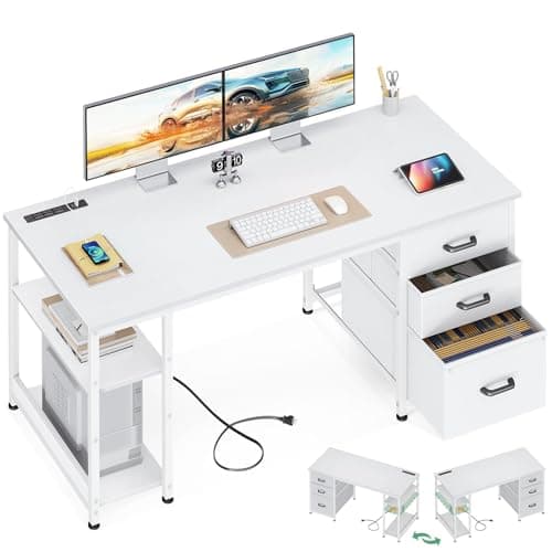 AODK 51 Inch Computer Desk with File Drawers & USB Power Outlets - Reversible Home Office Desk with Storage Shelves, Work from Home, Modern Work/Writing/Study Table for Bedroom, White