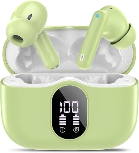 Wireless Earbuds, Bluetooth 5.4 Headphones Bass Stereo, Ear Buds with Noise Cancelling Mic, LED Display in Ear Earphones Clear Calls, IP7 Waterproof Bluetooth Earbuds for Laptop/Phones, Grass Green