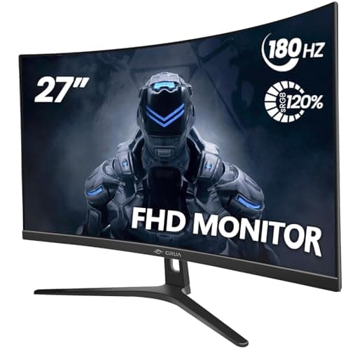 CRUA 27" Curved Gaming Monitor, FHD 1920x1080P, 144Hz/180Hz Computer Monitor, 1800R VA Screen, 120% sRGB, AMD FreeSync, HDMI & DP, Wall Mount Install- Black