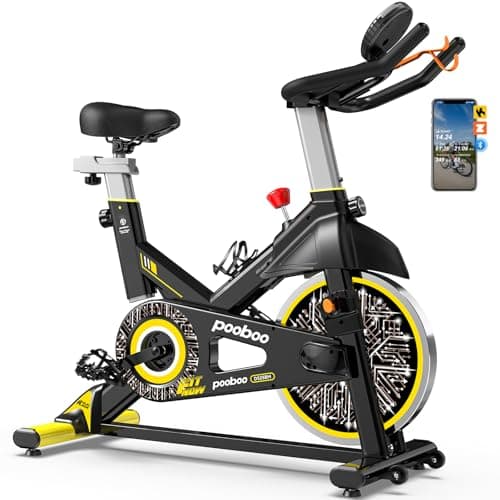 pooboo Exercise Bike, Brake Pad Stationary Bike for Home with Exclusive App, Adjustable Magnetic Resistance Quiet Indoor Cycling Bike with 350lbs Weight Capacity Extra Comfort Seat,Indoor Cycling Spin Bike Workout Bike with Tablet Holder and Fitness Courses for Weight Loss