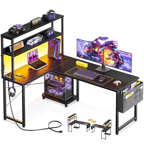 ODK 53 Inch L Shaped Desk with LED Lighting, Reversible Gaming Desk with Power Outlets, Cornor Computer Table with Storage Shelves & Bag & Iron Hook, Home Office Table for Writing, Study, Black