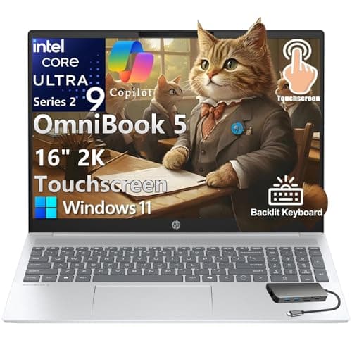 HP OmniBook 5 Touchscreen Laptop Computer, Next Gen AI PC, Intel 16-Core Ultra 9 285H, 32GB LPDDR5X RAM, 1TB PCIe SSD, 16" FHD+, WiFi 6E, Backlit Keyboard, Copilot Key, Windows 11 Home, Type-C Hub