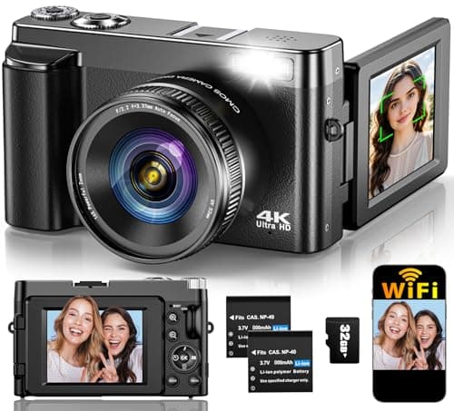 4K Digital Camera for Photography Autofocus, Upgraded 64MP WiFi Vlogging Camera for YouTube with 3" 180° Flip Screen, 16X Zoom, Compact Travel Cameras for Beginners with 32GB Card, 2 Batteries, Black