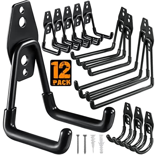 HUPBIPY 12 Pack Garage Hooks Heavy Duty Utility Steel with Anti-Slip Coating Wall Mount Storage Organizer for Hanging Power and Garden Tools, Ladders, Hose, Bikes, Ropes, Bulk Items, and More