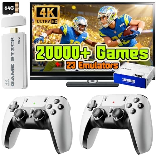 Huqjot 2026 Upgraded Retro Gaming Console Stick Pro, Video Games Console with 4K HDMI, Built-in 23 Classic Game Emulators, 20000+ Games - Video Game with Upgrade Dual 2.4G Wireless Controllers (64G)