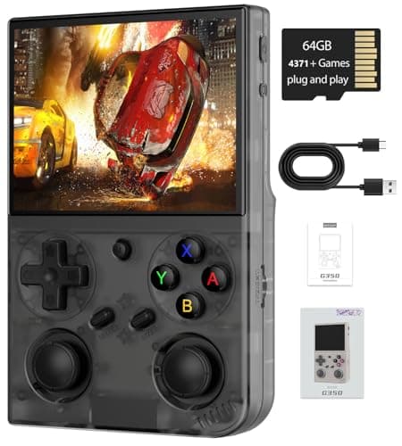 G350 Retro Handheld Game Console , 3.5 Inch IPS Screen Linux System Built-in 64G TF Card 4371 Games Preloaded Handheld Game Console 3200mAh Battery(Transparent Black)