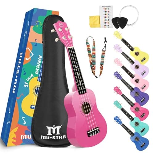 MUSTAR Soprano Ukulele Beginners Kit - 21 Inch Basswood Ukuleles for Kids, Beginner, Ukulele Pack With Gig Bag, Strap, Picks, Pink Ukuleles Set